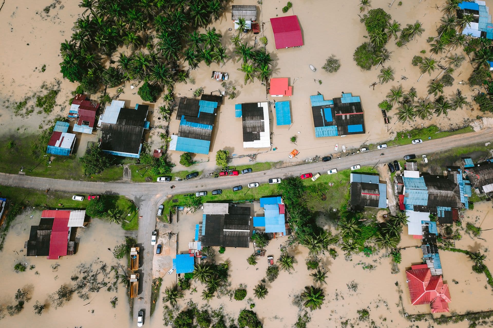 Aerial view of a flood-inundated village in Terengganu, Malaysia